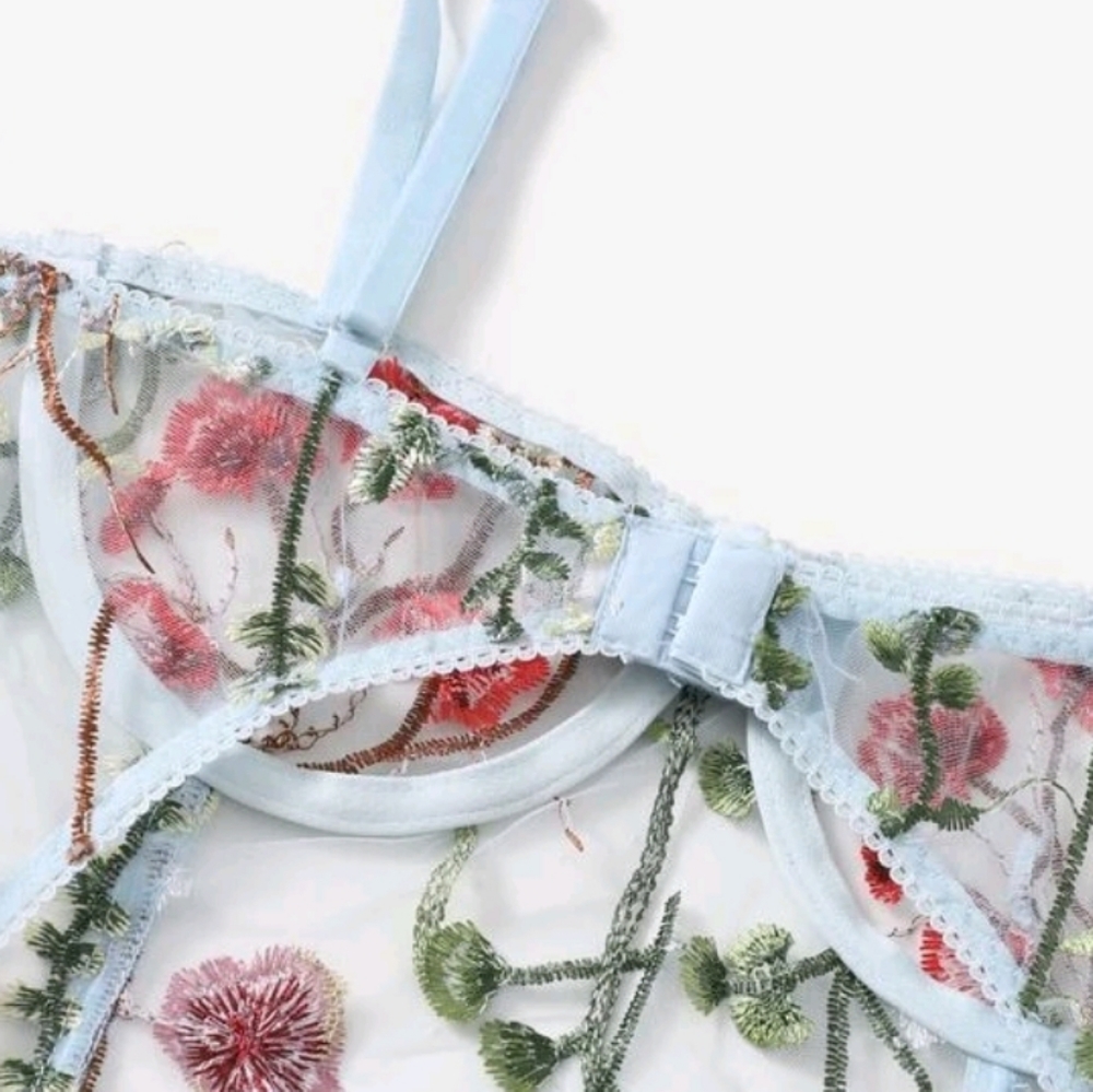 Sheer baby blue floral teddy lingerie sexy bodysuit Large - Picture 2 of 4